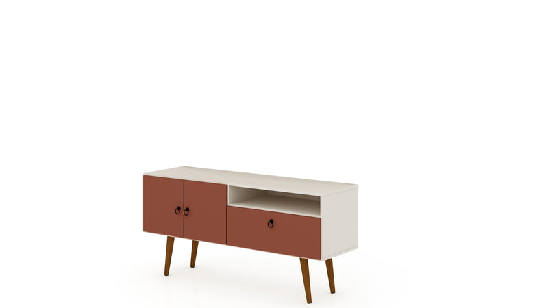 Manhattan Comfort Tribeca 53.94\" Mid-Century Modern TV Stand with Solid Wood Legs - Off White & Terra Orange Pink