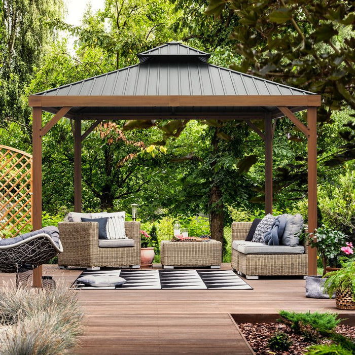 Yosemite 10 X 10' Double Roof Galvanized Steel Roof, Aluminum Posts Wood Finish