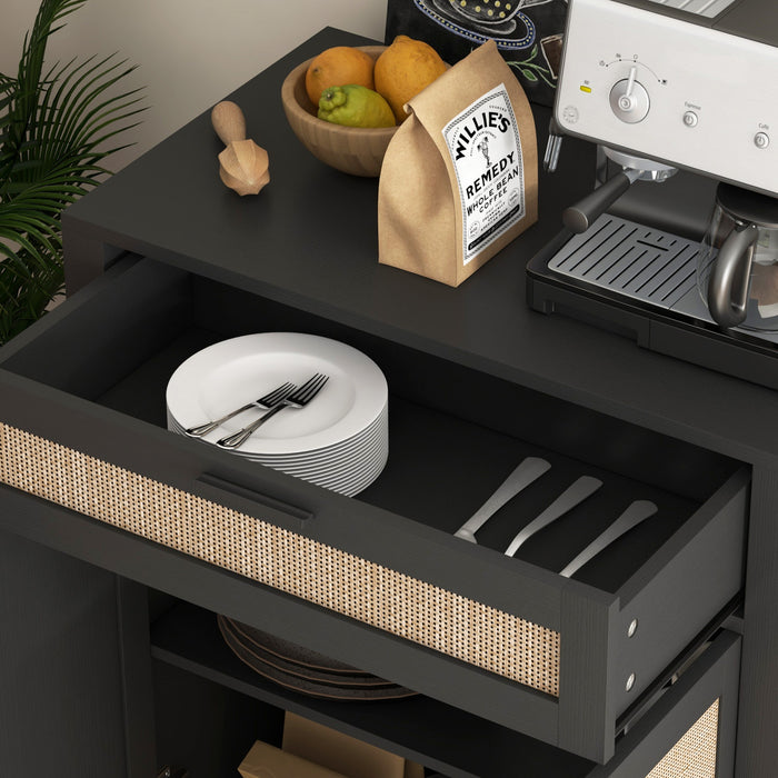 HOMCOM Boho Floor Storage Cabinet with Rattan Decorated Doors Drawer Black