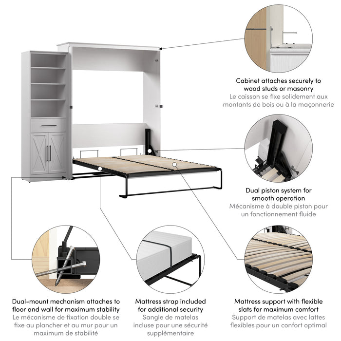 Bestar Key West Queen Murphy Bed & Closet Organizer with Drawer & Doors (94 W) - Pure White Oak