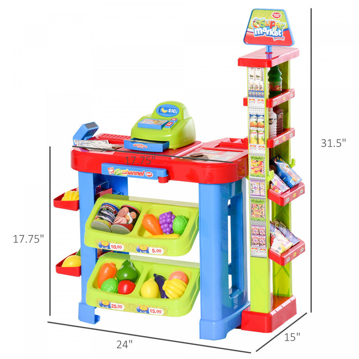 Qaba Supermarket Playset For Kids, 50 Grocery Store Toys, Pretend Play Toy With Food, Check-out Counter, Scanner, Shelves