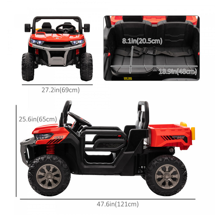 Aosom 12v Ride On Car With Electric Bucket, Two-seater Battery-powered Cars For Kids With Shovel, Remote Control, Spring Suspension, Horn, Music, Red
