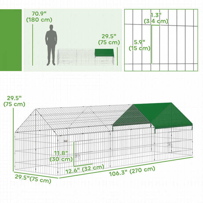 PawHut Metal Chicken Coop, 106\" x 29.5\" x 29.5\" Small Animal Cage, Chicken Run for Yard, Portable Poultry Cage w/ UV-Resistant Cover for Rabbits, Ducks, Turtles, Guinea Pigs, Green