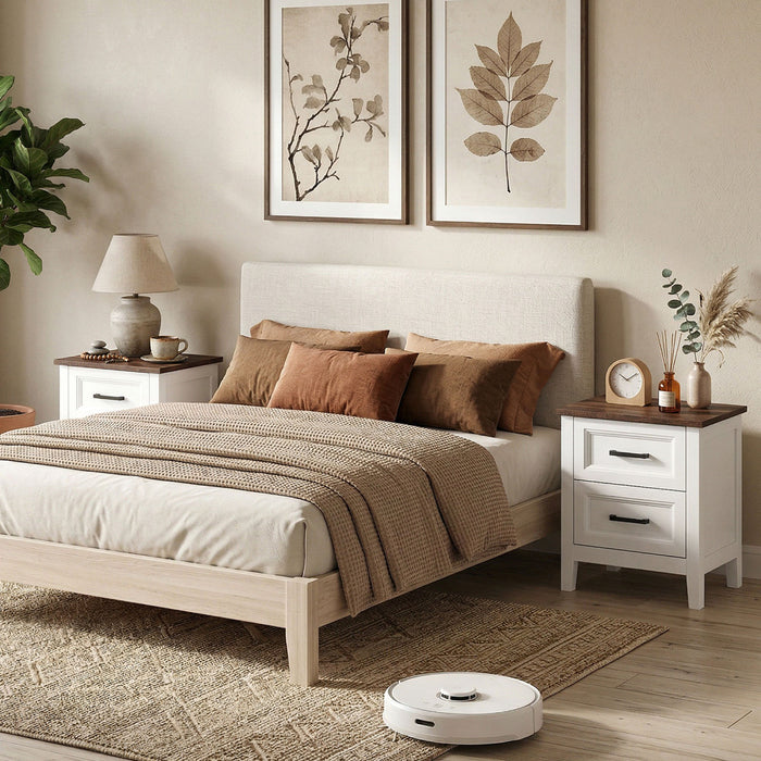 HOMCOM Farmhouse Nightstand Set of 2, Bedside Tables with 2 Drawers, White