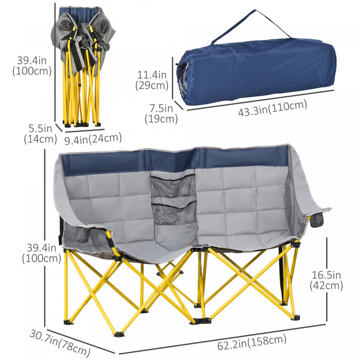 Outsunny Double Seat Camping Chair Folding Loveseat w/ Storage Pocket Navy