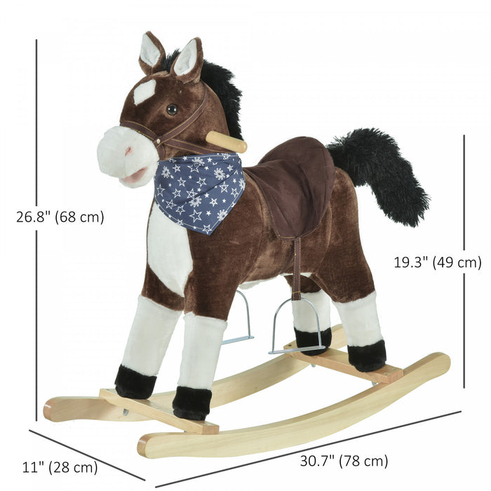 Qaba Kids Plush Ride-on Rocking Horse Toy Cowboy Rocker With Fun Realistic Sounds For Child 3-6 Years Old, Brown