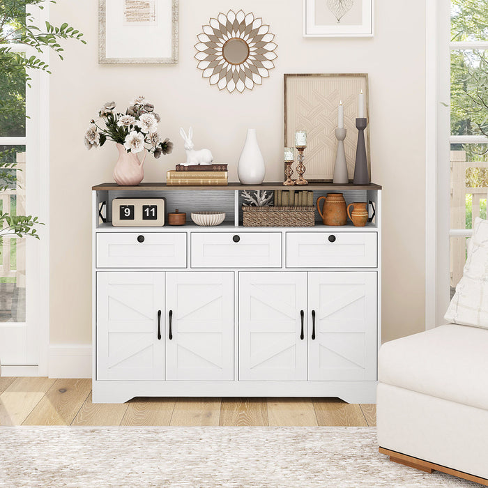 HOMCOM Sideboard, Buffet Cabinet with 4 Barn Doors and 3 Drawers White