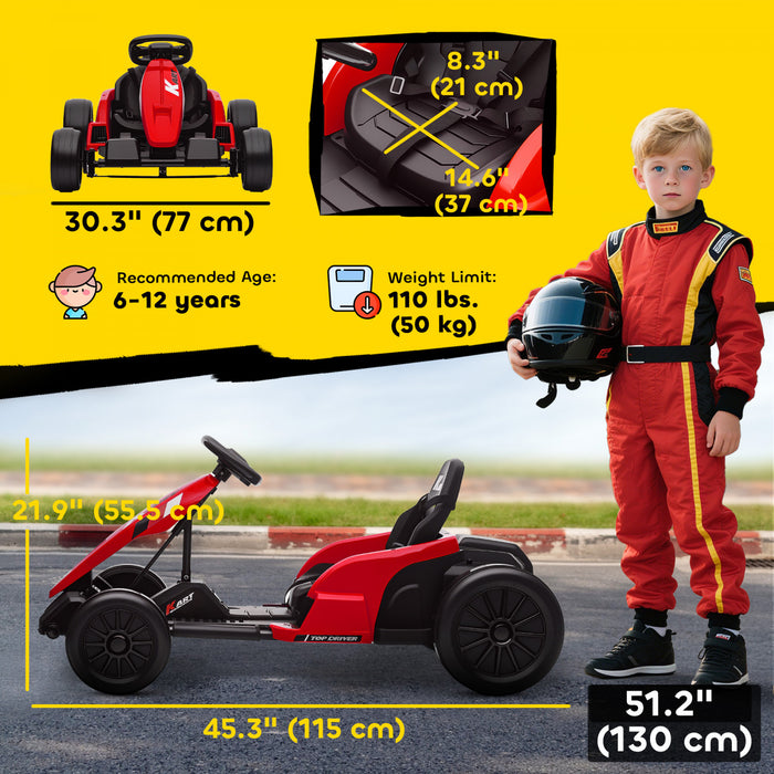 Qaba Electric Go Kart, 24V 9Ah Big Battery, Kids Drift Kart with Dual 150W Motors, Adjustable Seat & 11.2MPH High Speed, Slow Start, 5-Point Harness, for 6-12 Years, Red