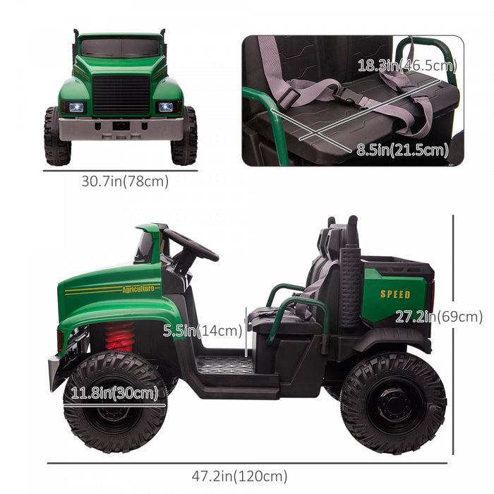 Aosom Two-seater Kids' Tractor With Detachable Bucket, 12v Battery Powered Ride-On Farm Truck With Parental Control, 2 Speeds, Music Lights, Suspension Wheels, Green