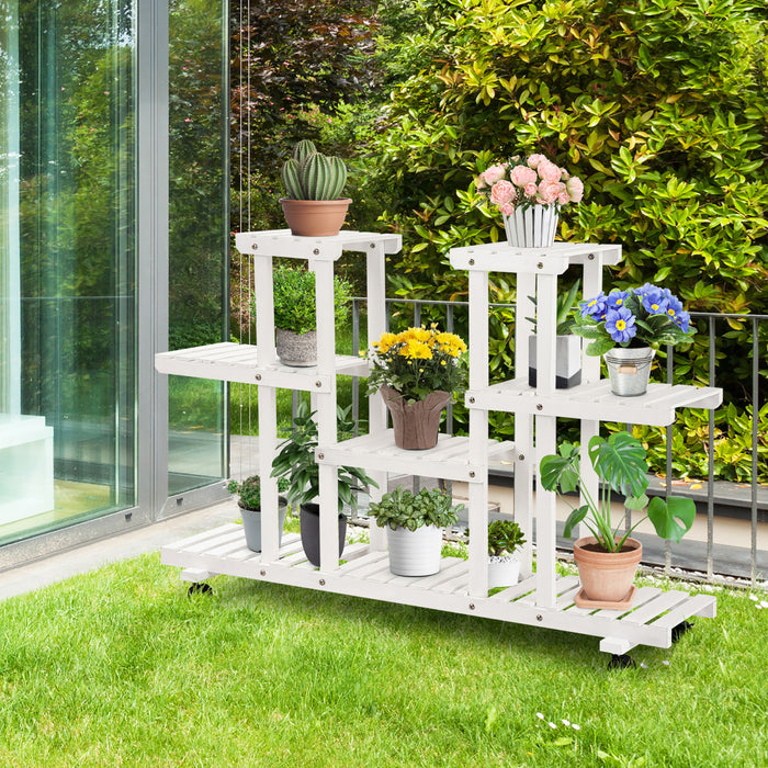 Costway 4-tier Rolling Flower Rack Wood Plant Stand Casters 12 Pots Bonsai Display Shelf