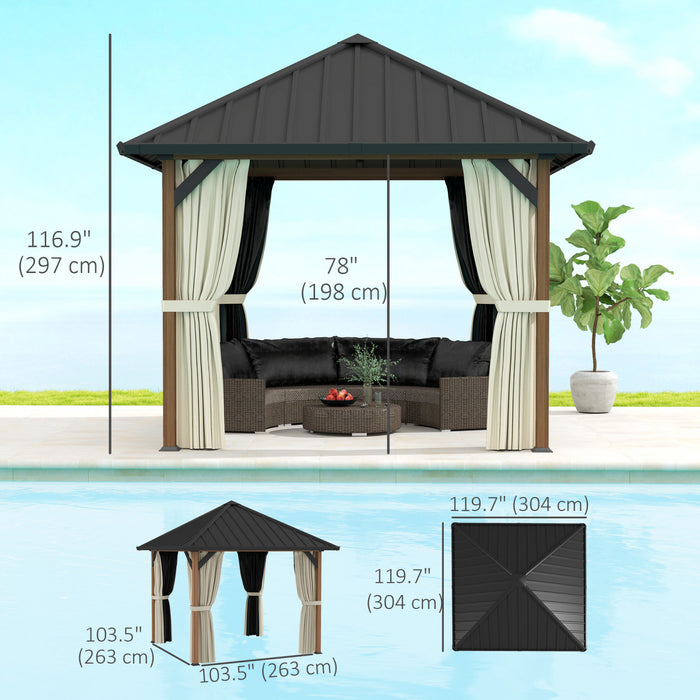 Outsunny 10' X 10' Hardtop Gazebo With Steel Roof, Netting And Curtains