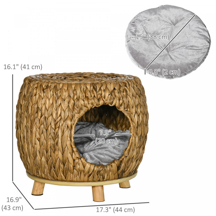 Pawhut Wicker Cat Bed, Rattan Kitten Bed With Washable Cushion, Elevated Pet Bed For Indoor Cats, Light Brown