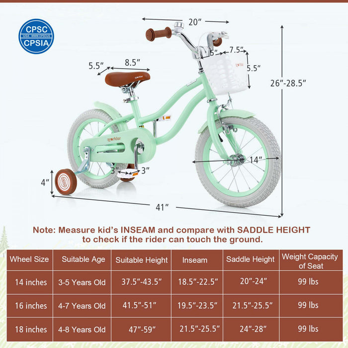 Prorider 14\" Kid's Bike With Removable Training Wheels & Basket For 3-5 Years Old Green