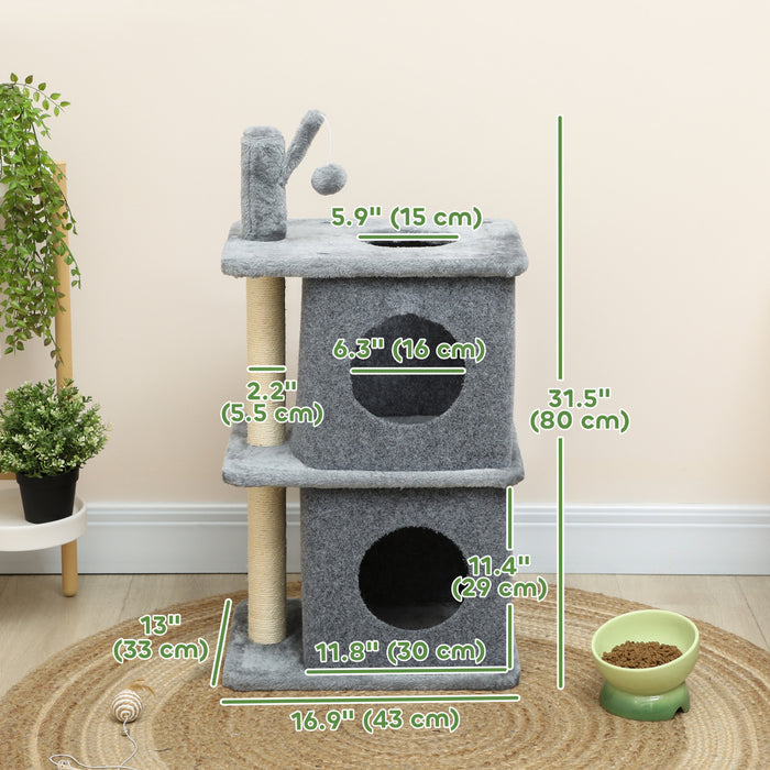 Pawhut Cat Tree, 31.5\" Multi-level Cat Tower For Indoor Kittens With 2 Door Condos, Removable Toy Ball, Sisal Scratching Posts, Plush Platform, For 1-2 Kittens, Grey