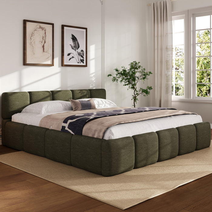 Toby Linen Upholstered Platform Bed with Thickened Headboard and Footboard,King Size,Green King Bed