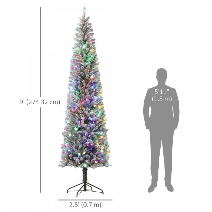 HOMCOM 9ft Pencil Artificial Christmas Tree w/ Remote, Flocked Xmas Tree