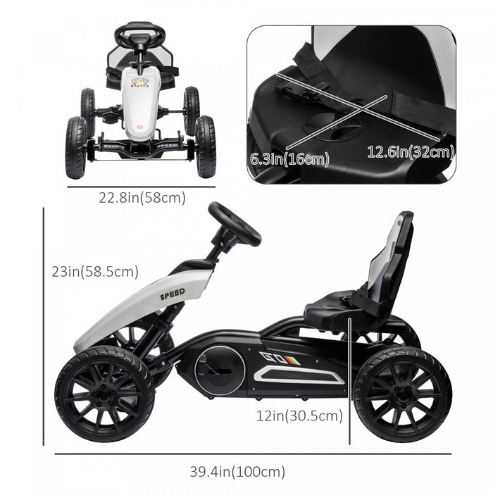 Aosom Pedal Go Kart For Kids, Pedal Powered Ride-On Car With Swing Axle, Adjustable Bucket, Handbrake, 4 Eva Wheels Powered Ride, Indoor Foot Racer, For 3-8 Years Old, White