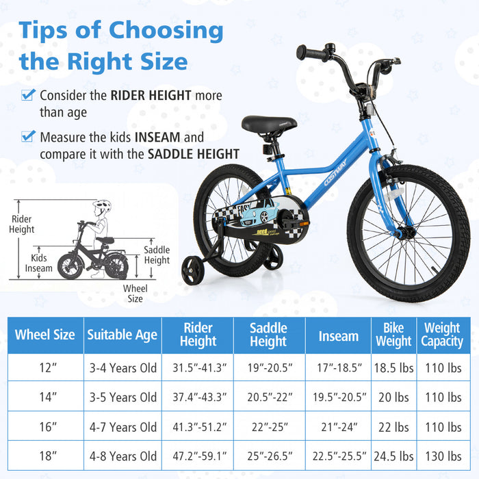 Costway 18\" Kids Training Bike With Removable Training Wheels Pneumatic Tires Navy