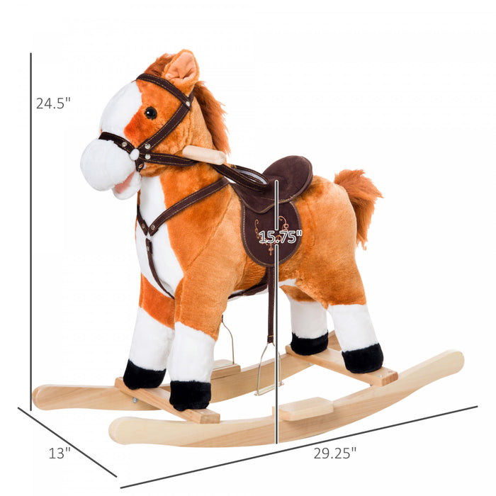 Qaba Kids Rocking Horse Child Plush Ride On Toy With Realistic Sound Red Brown