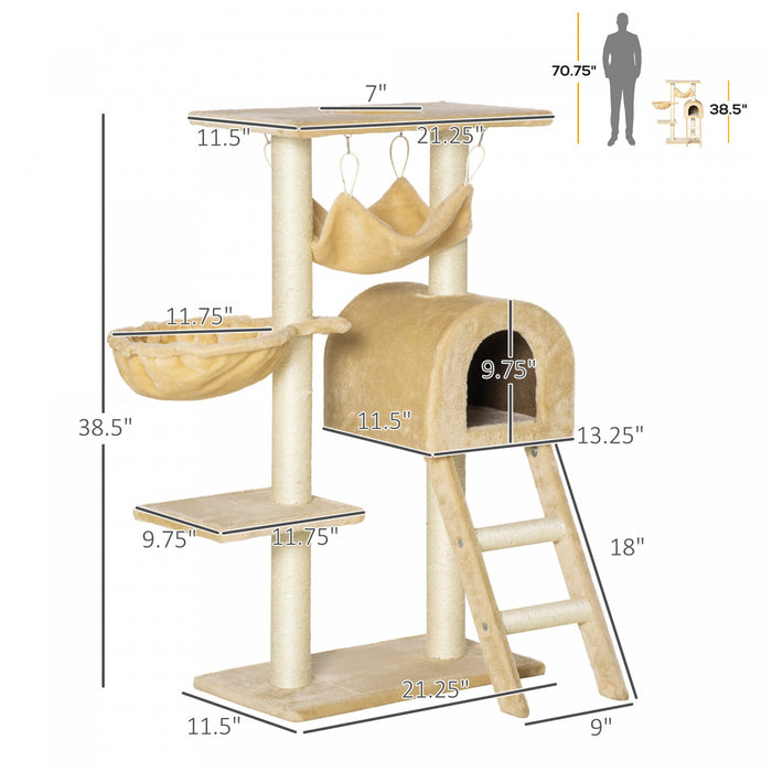 Pawhut 39\" Deluxe Cat Scratching Tree Kitten Condo Play House Pet Scratcher Multi-level Tower Kitty Furniture With Hammock