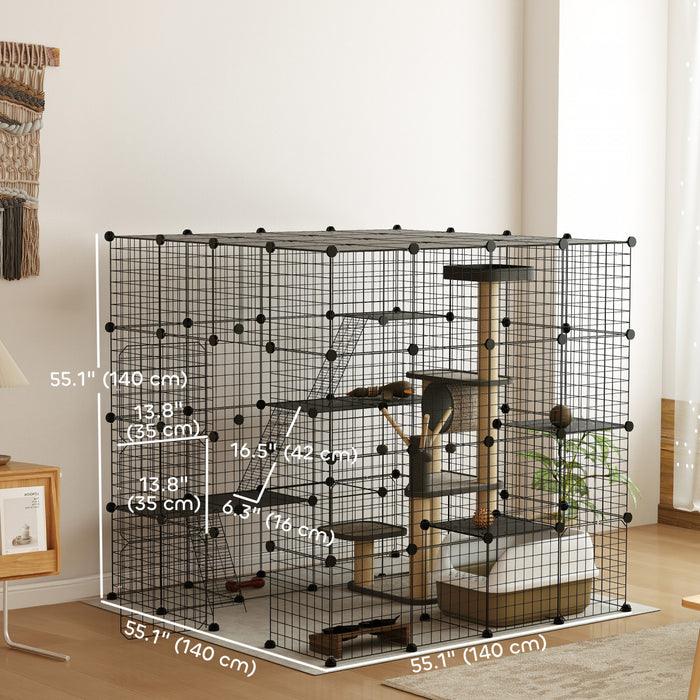 Pawhut Diy Large Cat Cage Indoor, Catio Pet Playpen With Platforms, Ramps, Kitten Exercise Place For 1-3 Cats, Bunny And Chinchillas, 55 X 55 X 55in, 87 Panels, Black
