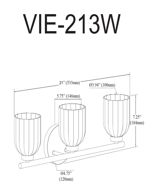 Dainolite Vienna 3 Light Incandescent Vanity Matte Black Clear Ribbed Glass Lamp