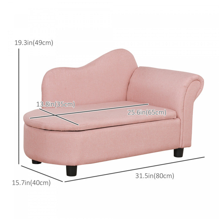 Qaba Kids Sofa, Toddler Couch With Storage Compartment, Children Chaise Lounge, Armrest Chair For Preschool For Kids Room, Kindergarten, Eucalyptus Wood, Pink