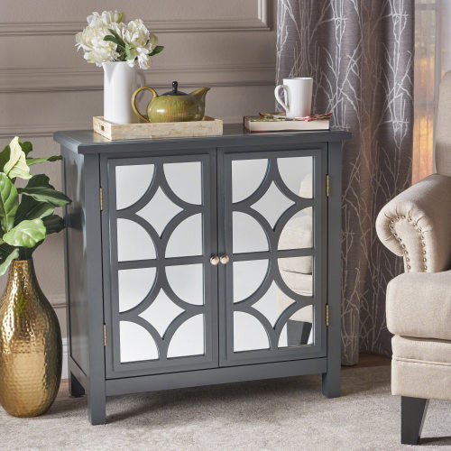 Joyce Solid Firwood Double Door Cabinet With Mirrored Finish,charcoal Grey Accent Cabinet