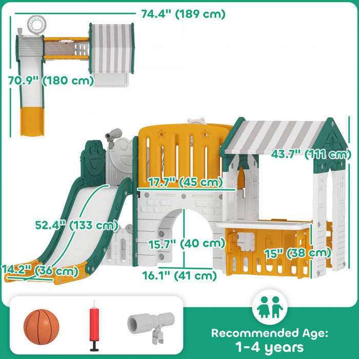 Qaba 7-in-1 Toddler Slide with Playhouse, Kids Slide Climber Playset with Basketball Hoop and Tunnel for Age 1-4 Years Indoor Play, Yellow