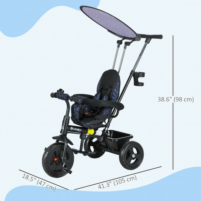 Qaba Kids Tricycle, 6 In 1 Push Bike Stroller With Removable Handlebar, Safety Fence And 5-point Harness, Canopy, Storage Basket, For Toddler 12-60 Months, Navy Blue
