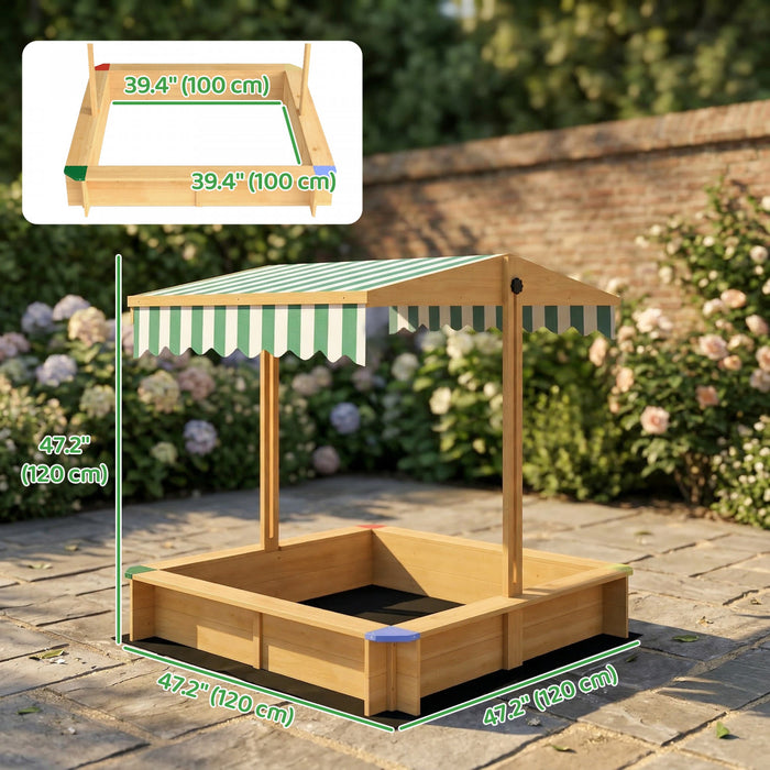 Outsunny Wooden Sandbox with Cover, Kids Sandbox Outdoor with Adjustable Canopy, Seats, and Bottom Liner for Backyard, Beach, 47\" x 47\" x 47\", Gift for Ages 3-6, Light Brown