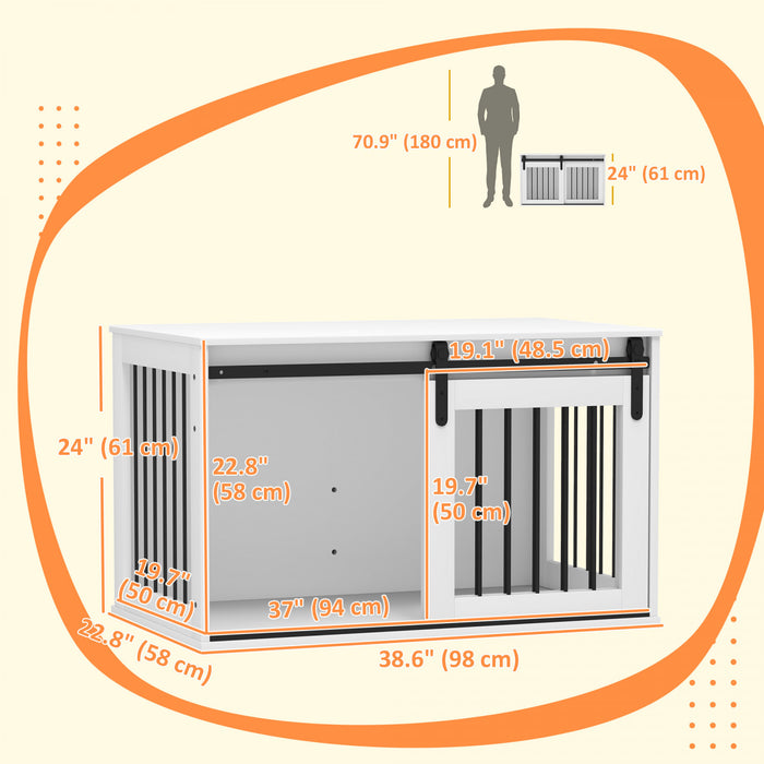 Pawhut Dog Crate Furniture, 39\" Dog Crate End Table Indoor Dog House For Large Dogs, With Sliding Door, Lock, White