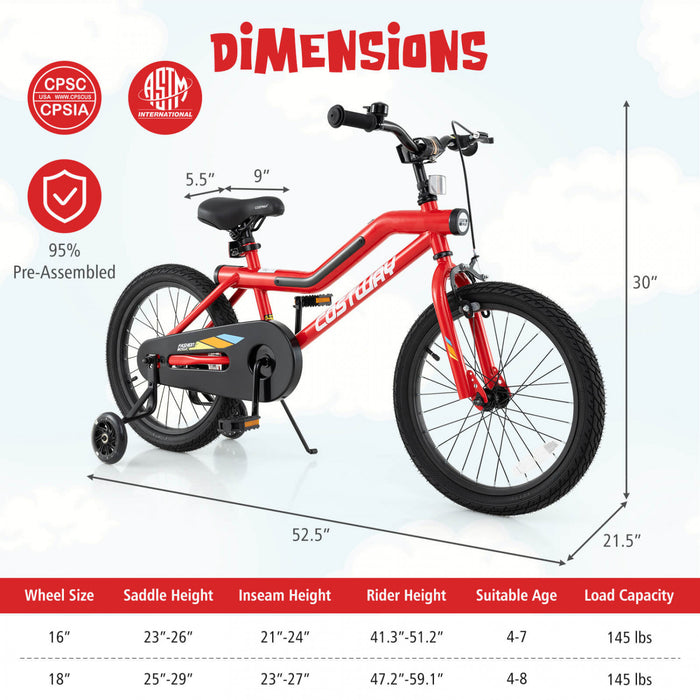 Costway 18\" Led Lighted Kids Bike With Adjustable Seat Coaster Brake Training Wheels Red