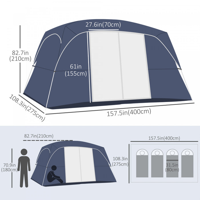 Outsunny Camping Tent, Family Tent 4-8 Person 2 Room, With Large Mesh Windows, Easy Set Up For Backpacking Hiking Outdoor 13' X 9' X 7', Blue