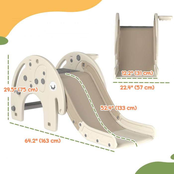 Qaba 3 In 1 Toddler Slide, Kids Slide With Basketball Hoop, Climber, Elephant-themed Indoor Slide For Ages 1-3 Years, Cream White