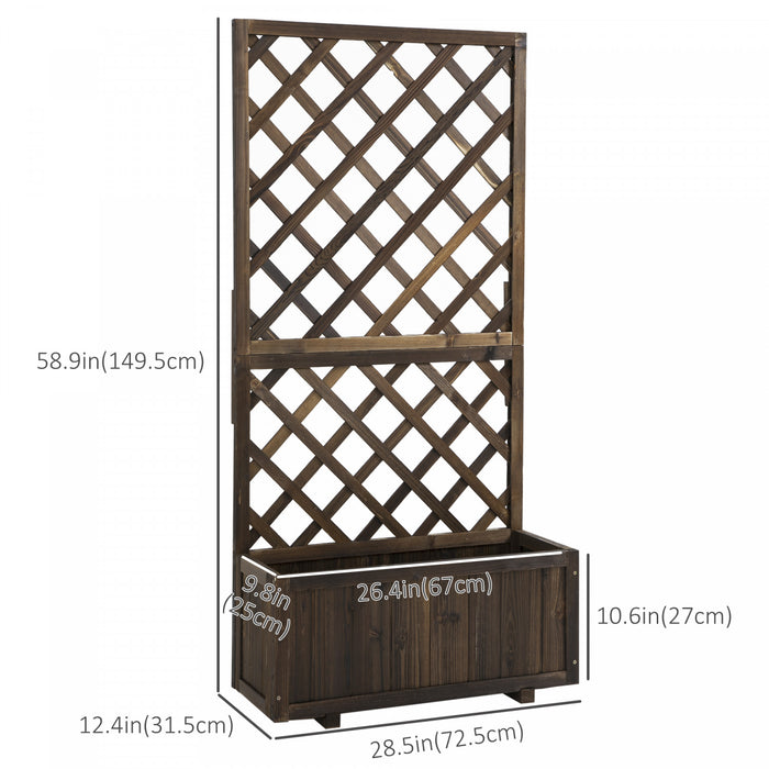 Outsunny 2.4 X 1 X 4.9 Ft Garden Wooden Pine Trough Planter With Topped Trellis Climbing Plants Flower Raised Bed, Carbonized