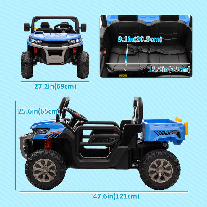 Aosom 2-seater Ride On Car, 12v 7ah Kids Utv, Ride On Dump Truck With Electric Dump Bed And Shovel, Remote Control, 4 Spring Suspension, Music, Lights, For Boys Girls, Blue