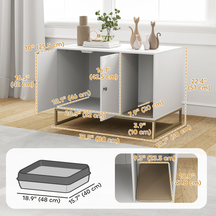 PawHut Cat Litter Box Enclosure, Hidden Litter Box Furniture with Litter Mat, Tall Legs, Cat House Washroom, Side Table, 31.5\" x 20\" x 22\", White