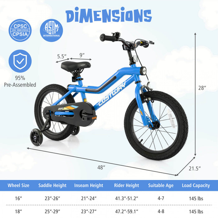 Costway 16\" Led Lighted Kids Bike With Adjustable Seat Coaster Brake Training Wheels Blue
