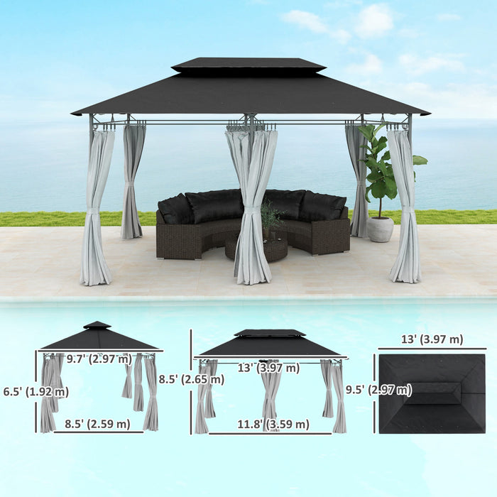 Outsunny 10' x 13' Double Roof Patio Gazebo With Curtains, Dark Grey