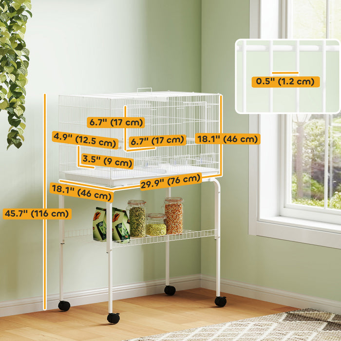 PawHut 46\" H Bird Cage, Parakeet Cages for Budgie, Lovebird, Canary, Finches with Divider, Wheeled Stand, Shelf, 4 Wooden Perches, Slide Out Tray, 4 Feeders, White