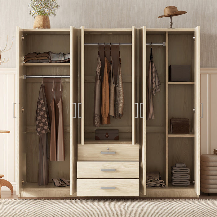 Peter 70.9\" 6-door Wooden Wardrobe With Drawers And Hanging Storage, Brown