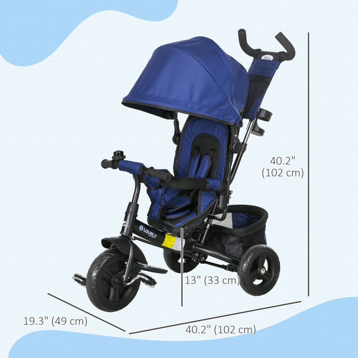 Qaba 6 In 1 Toddler Tricycle, Kids Trike With Foldable Canopy, Removable Parent-push Handle And Cover, Storage Basket, 5-point Safety Belt, For Child 1-5 Years, Dark Blue