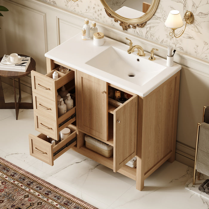 Oakmere 36 Inch Single Sink Bathroom Vanity with Two Doors and Two Drawers, Natural Wood
