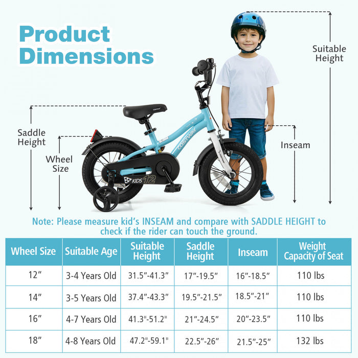 Costway 12\" Kids Bike For 3-4 Years Old Boys & Girls With Adjustable Seat Handbrake Reflectors Blue