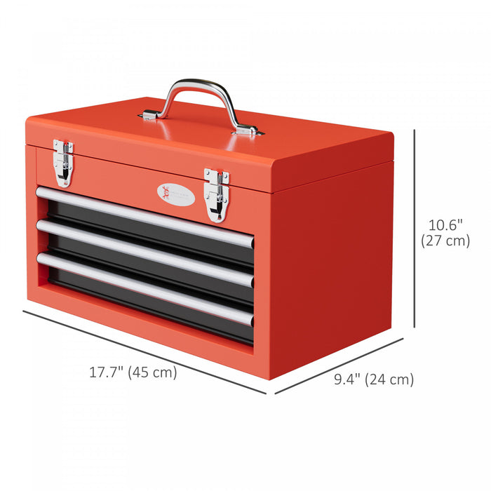 Durhand 3 Drawer Tool Box With Metal Latch Portable Tool Chest Red