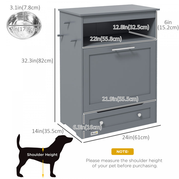 Pawhut Pet Feeder Station Storage Cabinet, Dog Food Storage Container With Dog Raised Bowls And Hanger For Feeding & Watering Supplies, Grey
