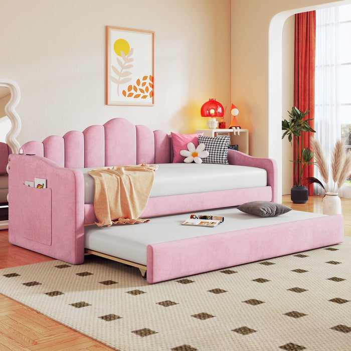 Lily Upholstered Daybed with Trundle and USB Charging Ports,Twin Size,Pink Twin Bed