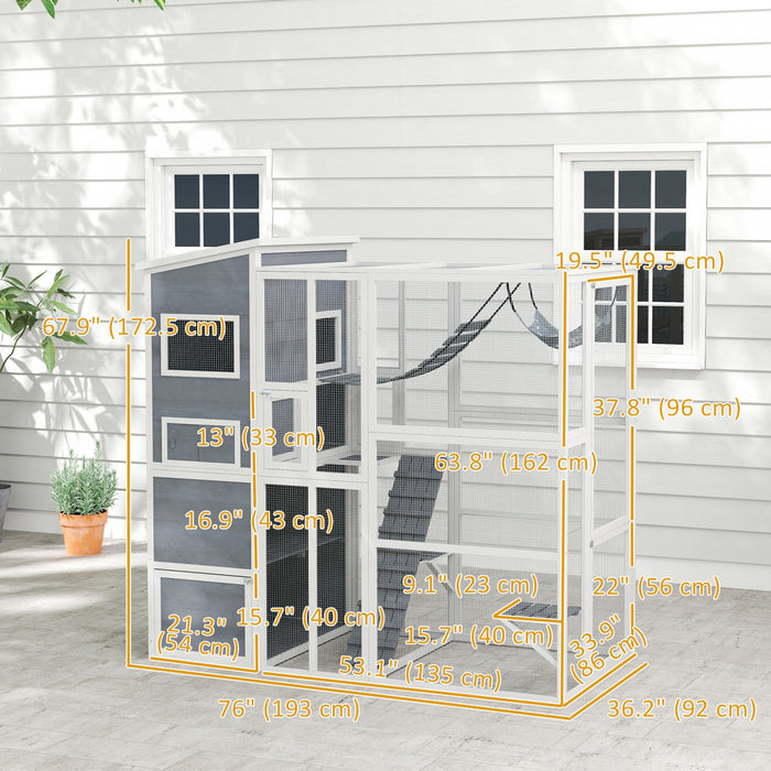 Pawhut Catio Outdoor Cat Enclosure, 76\" L Large Weatherproof Cat House With Cat Condo, Jumping Platforms, Ladder, Ramps, Hammock For 2-3 Indoor Cats, Grey