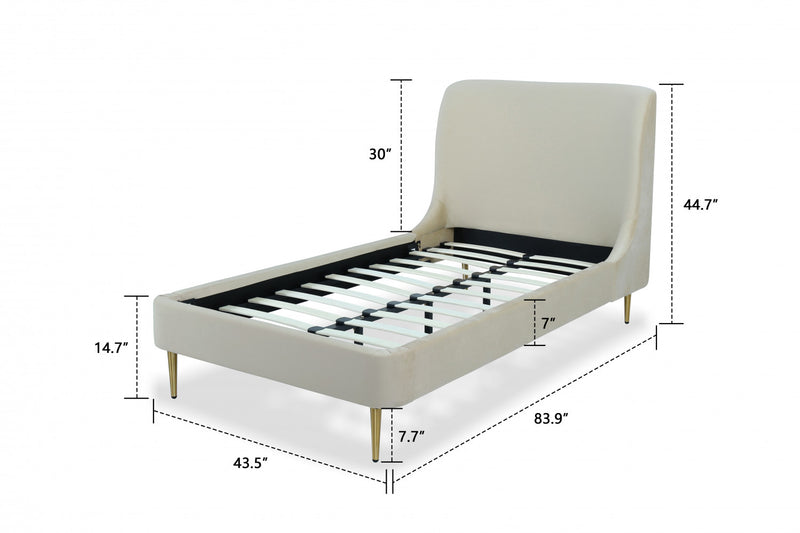 Heather Mid-Century Modern Velvet Upholstered Twin Bed in Cream and Black